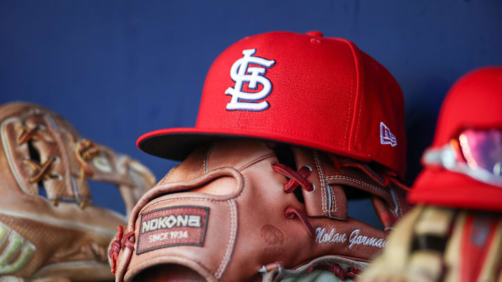 Sep 5, 2023; Atlanta, Georgia, USA; A detailed view of the hat and glove of St. Louis Cardinals second baseman Nolan Gorman (not pictured) before a game against the Atlanta Braves at Truist Park. Mandatory Credit: Brett Davis-Imagn Images Sep 5, 2023; Atlanta, Georgia, USA; A detailed view of the hat and glove of St. Louis Cardinals second baseman Nolan Gorman (not pictured) before a game against the Atlanta Braves at Truist Park. Mandatory Credit: Brett Davis-Imagn Images