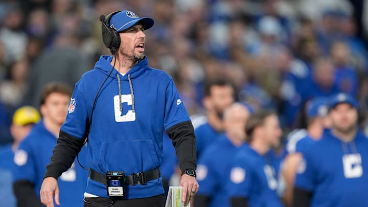 Indianapolis Colts head coach Shane Steichen yells from the sideline Sunday, Nov. 24, 2024, during a game against the Detroit Lions at Lucas Oil Stadium in Indianapolis. Indianapolis Colts head coach Shane Steichen yells from the sideline Sunday, Nov. 24, 2024, during a game against the Detroit Lions at Lucas Oil Stadium in Indianapolis.