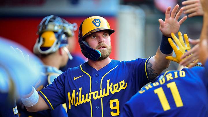 Jul 31, 2026; Anaheim, California, USA; Milwaukee Brewers first baseman Jake Bauers (9) is greeted after scoring a run against the Los Angeles Angels during the second inning at Angel Stadium. Mandatory Credit: Gary A. Vasquez-Imagn Images Jul 31, 2026; Anaheim, California, USA; Milwaukee Brewers first baseman Jake Bauers (9) is greeted after scoring a run against the Los Angeles Angels during the second inning at Angel Stadium. Mandatory Credit: Gary A. Vasquez-Imagn Images