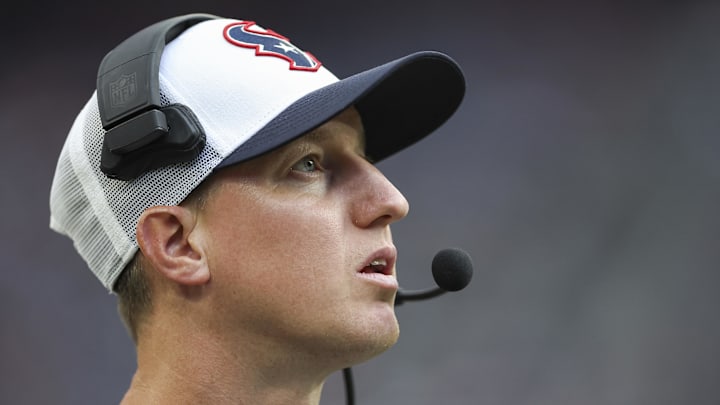 Aug 24, 2024; Houston, Texas, USA; Houston Texans offensive coordinator Bobby Slowik during the game against the Los Angeles Rams at NRG Stadium. 