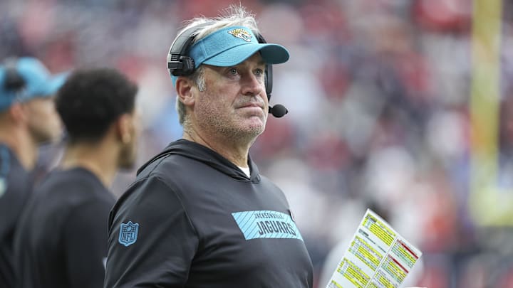 Sep 29, 2024; Houston, Texas, USA; Jacksonville Jaguars head coach Doug Pederson looks on during the fourth quarter against the Houston Texans at NRG Stadium. Mandatory Credit: Troy Taormina-Imagn Images