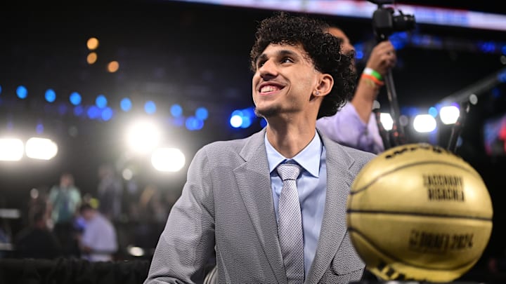 Atlanta Hawks forward Zaccharie Risacher reacts after becoming the No. 1 pick in the 2024 NBA Draft.