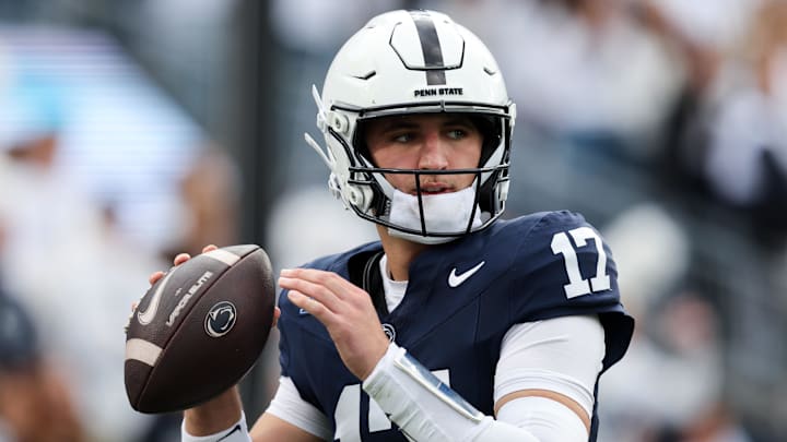 Penn State Nittany Lions quarterback Ethan Grunkemeyer warms up on the sideline during the third quarter against the Indiana Hoosiers at Beaver Stadium. 