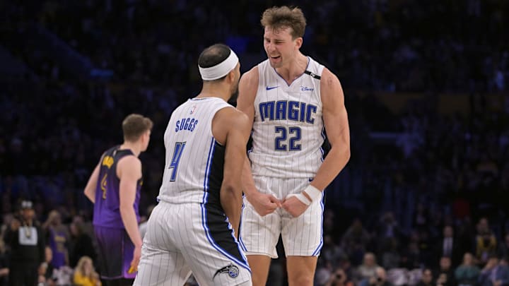 Nov 21, 2024; Los Angeles, California, USA; Orlando Magic forward Franz Wagner (22) celebrates with guard Jalen Suggs (4) after defeating the Los Angeles Lakers with a 3-point basket with 2.5 seconds left in the game at Crypto.com Arena. Mandatory Credit: Jayne Kamin-Oncea-Imagn Images