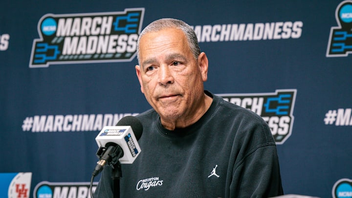 Mar 18, 2026; Oklahoma City, OK, USA; Houston Cougars head coach Kelvin Sampson answers questions during a press conference prior to the practice session ahead of the first round of the men's 2026 NCAA Tournament at Paycom Center. Mandatory Credit: William Purnell-Imagn Images
