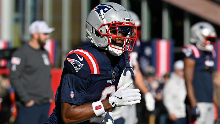 Nov 17, 2024; Foxborough, Massachusetts, USA; New England Patriots wide receiver Javon Baker (6) warms up before a game against the Los Angeles Rams at Gillette Stadium. Mandatory Credit: Eric Canha-Imagn Images