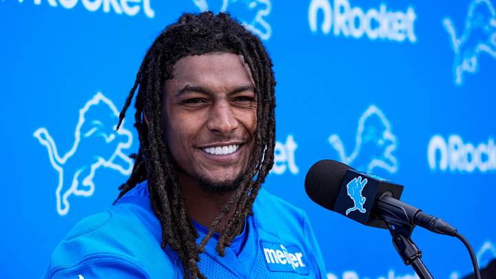 Detroit Lions running back Isiah Pacheco (10) speaks to media members after practice during mini camp at Meijer Performance Center in Allen Park on Tuesday, June 16, 2026.