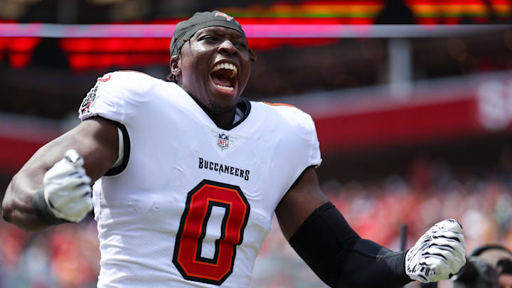 Sep 22, 2024; Tampa, Florida, USA; Tampa Bay Buccaneers linebacker Yaya Diaby (0) is introduced before a game against the Denver Broncos at Raymond James Stadium. Mandatory Credit: Nathan Ray Seebeck-Imagn Images