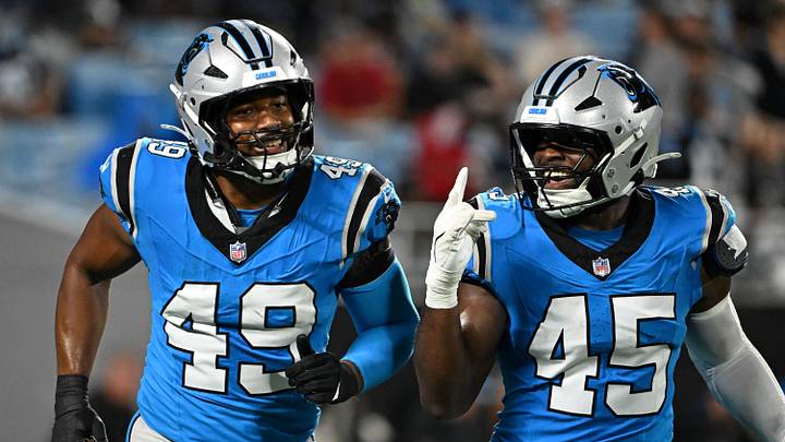  Carolina Panthers LB Cam Gill (left) celebrates with LB Maema Njongmeta.  Mandatory Credit: Bob Donnan-Imagn Images