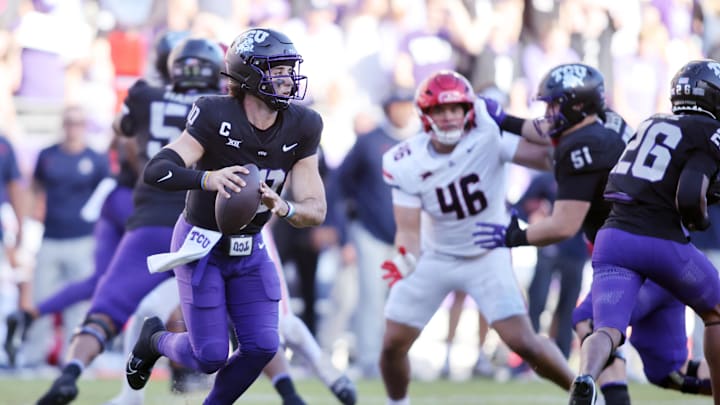 Nov 23, 2024; Fort Worth, Texas, USA; TCU Horned Frogs quarterback Josh Hoover (10) throws a pass against the Arizona Wildcats in the second quarter at Amon G. Carter Stadium. Mandatory Credit: Tim Heitman-Imagn Images