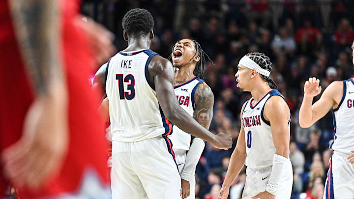 Gonzaga Bulldogs Graham Ike (13), Ryan Nembhard (0) and Khalif Battle (99). Gonzaga Bulldogs Graham Ike (13), Ryan Nembhard (0) and Khalif Battle (99).