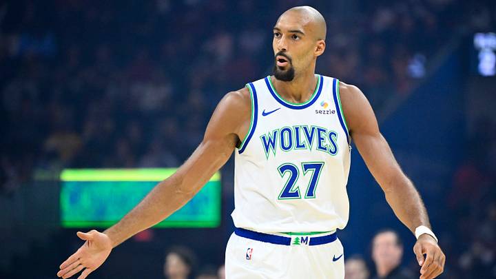 Oct 26, 2026; Cleveland, Ohio, USA;  Minnesota Timberwolves center Rudy Gobert (27) reacts in the first quarter against the Cleveland Cavaliers at Rocket Arena.  Mandatory Credit: David Richard-Imagn Images