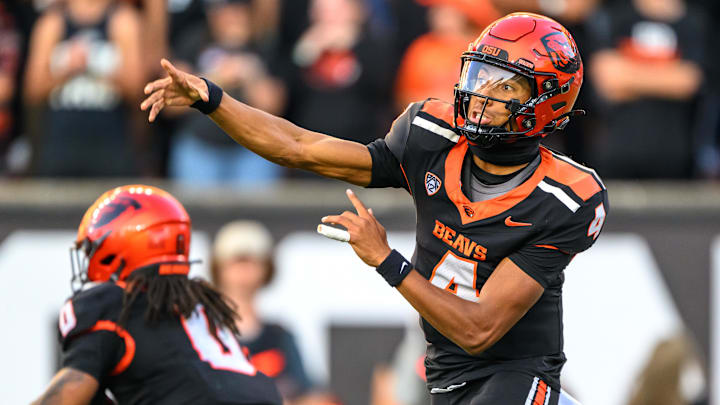 Oct 5, 2024; Corvallis, Oregon, USA; Oregon State Beavers quarterback Gevani McCoy (4) throws a pass during the second half against the Colorado State Rams at Reser Stadium. Mandatory Credit: Craig Strobeck-Imagn Images