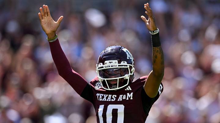 Sep 27, 2025; College Station, Texas, USA; Texas A&M Aggies quarterback Marcel Reed (10) reacts after throwing a touchdown pass during the first quarter against the Auburn Tigers at Kyle Field. Mandatory Credit: Maria Lysaker-Imagn Images Sep 27, 2025; College Station, Texas, USA; Texas A&M Aggies quarterback Marcel Reed (10) reacts after throwing a touchdown pass during the first quarter against the Auburn Tigers at Kyle Field. Mandatory Credit: Maria Lysaker-Imagn Images