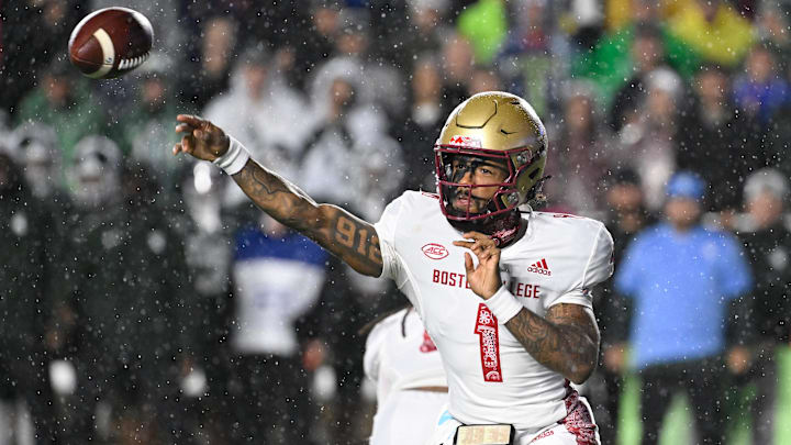 Sep 21, 2024; Chestnut Hill, Massachusetts, USA; Boston College Eagles quarterback Thomas Castellanos (1) throws a pass against the Michigan State Spartans during the first half at Alumni Stadium. Mandatory Credit: Eric Canha-Imagn Images