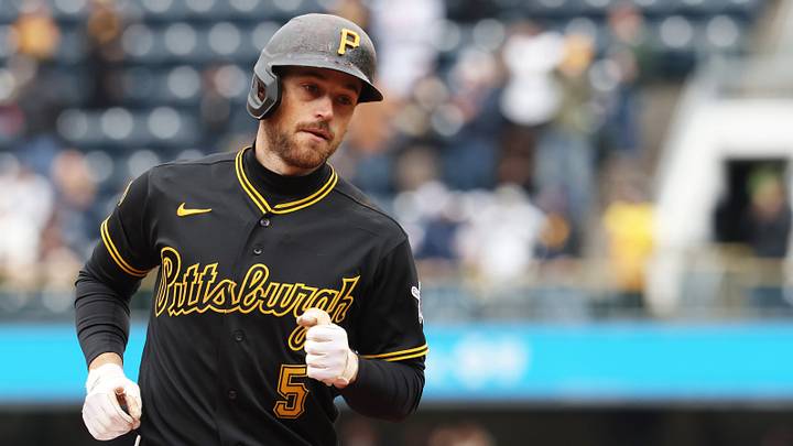 Apr 30, 2026; Pittsburgh, Pennsylvania, USA;  Pittsburgh Pirates second baseman Brandon Lowe (5) circles the bases on a solo home run against the St. Louis Cardinals during the seventh inning at PNC Park. Mandatory Credit: Charles LeClaire-Imagn Images