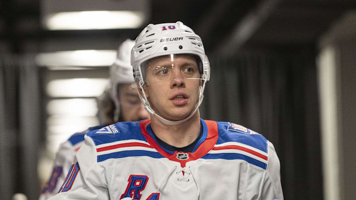 Jan 23, 2026; San Jose, California, USA;  New York Rangers left wing Artemi Panarin (10) before the start of warm ups against the San Jose Sharks at SAP Center at San Jose. Mandatory Credit: Stan Szeto-Imagn Images