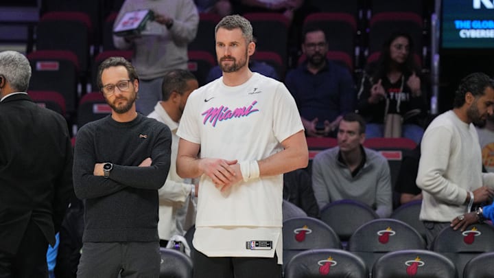 Jan 29, 2025; Miami, Florida, USA;  Miami Heat forward Kevin Love (42) looks on during warm-ups before the game against the Cleveland Cavaliers at Kaseya Center. Mandatory Credit: Jim Rassol-Imagn Images