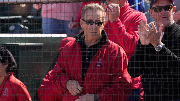 Mar 3, 2023; Tempe, Arizona, USA; Los Angeles Angels owner Arte Moreno is acknowledged by the fans before a game against the Los Angeles Dodgers at Tempe Diablo Stadium. Mandatory Credit: Rick Scuteri-USA TODAY Sports Mar 3, 2023; Tempe, Arizona, USA; Los Angeles Angels owner Arte Moreno is acknowledged by the fans before a game against the Los Angeles Dodgers at Tempe Diablo Stadium. Mandatory Credit: Rick Scuteri-USA TODAY Sports