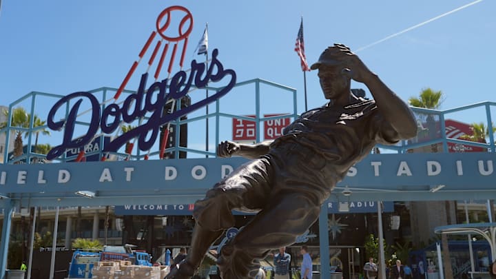 Apr 15, 2026; Los Angeles, California, USA; A statue of Jackie Robinson at Dodger Stadium. Mandatory Credit: Kirby Lee-Imagn Images
