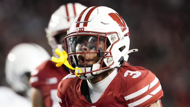 Oct 26, 2024; Madison, Wisconsin, USA;  Wisconsin Badgers cornerback Nyzier Fourqurean (3) celebrates following a tackle during the second quarter against the Penn State Nittany Lions at Camp Randall Stadium.