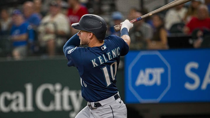 Sep 22, 2023; Arlington, Texas, USA; Seattle Mariners left fielder Jarred Kelenic (10) hits a double