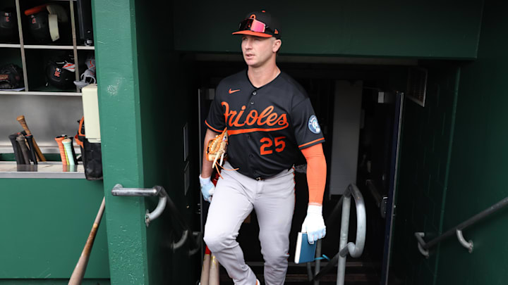 Apr 5, 2026; Pittsburgh, Pennsylvania, USA;  Baltimore Orioles first baseman Pete Alonso (25) enters the dugout to play the Pittsburgh Pirates at PNC Park. Mandatory Credit: Charles LeClaire-Imagn Images