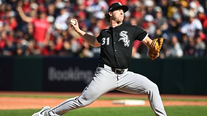 Oct 3, 2026; Cleveland, Ohio, USA; Chicago White Sox pitcher Grant Taylor (31) pitches during the sixth inning against the Cleveland Guardians in game one of the ALDS for the 2026 MLB playoffs at Progressive Field.  Mandatory Credit: Ken Blaze-Imagn Images