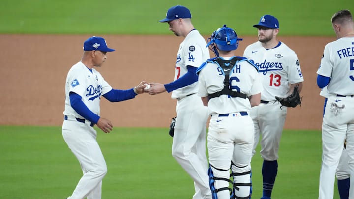Oct 29, 2025; Los Angeles, California, USA; Los Angeles Dodgers manager Dave Roberts (30) relieves pitcher Blake Snell (7) in the seventh inning during game five of the 2025 MLB World Series at Dodger Stadium. Mandatory Credit: Kirby Lee-Imagn Images