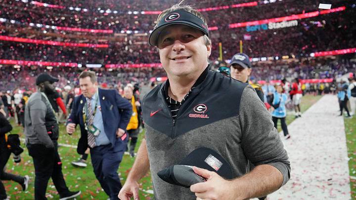 Jan 9, 2023; Inglewood, CA, USA; Georgia Bulldogs head coach Kirby Smart runs off the field after winning the CFP national championship game against the TCU Horned Frogs at SoFi Stadium. Mandatory Credit: Kirby Lee-USA TODAY Sports