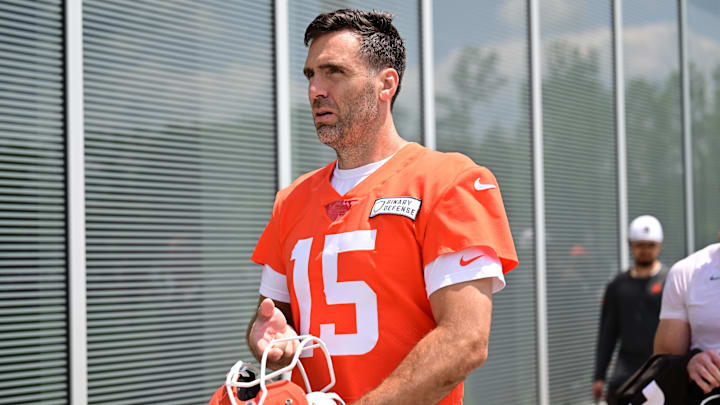 Jun 10, 2025; Berea, OH, USA; Cleveland Browns quarterback Joe Flacco (15) walks off the field during minicamp at CrossCountry Mortgage Campus. Mandatory Credit: Ken Blaze-Imagn Images
