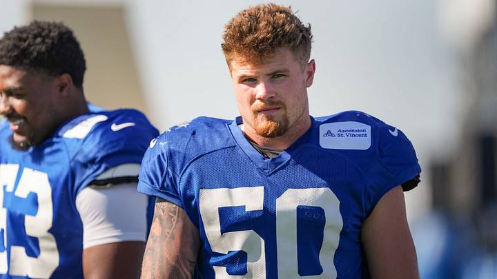 Indianapolis Colts linebacker Bryce Boettcher (50) walks up the field Tuesday, Aug. 4, 2026, during practice at Colts Camp at Grand Park in Westfield.