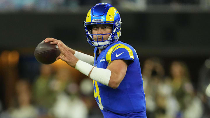 Nov 11, 2024; Inglewood, California, USA; Los Angeles Rams quarterback Matthew Stafford (9) throws the ball against the Miami Dolphins in the second half at SoFi Stadium.