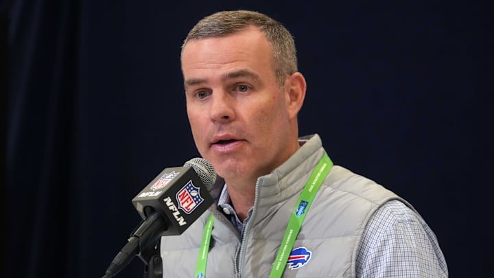Feb 25, 2025; Indianapolis, IN, USA; Buffalo Bills general manager Brandon Beane speaks during the NFL Scouting Combine