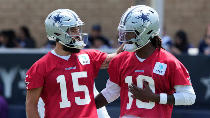 Dallas Cowboys quarterbacks Will Grier and Joe Milton III during training camp at the River Ridge Fields. Dallas Cowboys quarterbacks Will Grier and Joe Milton III during training camp at the River Ridge Fields.