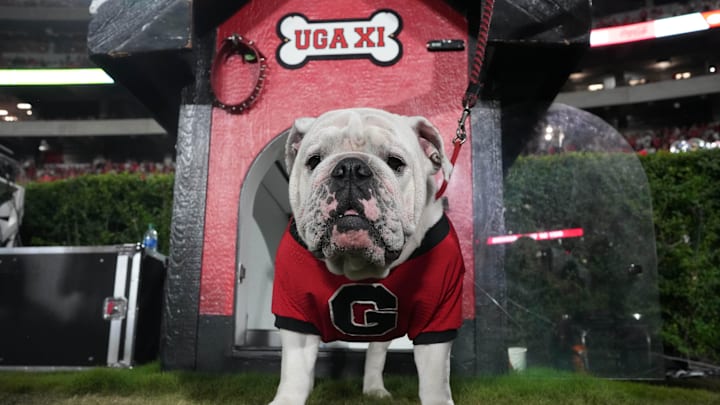 Sep 23, 2023; Athens, Georgia, USA; Georgia Bulldogs mascot Uga XI poses during the game against the UAB Blazers at Sanford Stadium. Mandatory Credit: Kirby Lee-Imagn Images