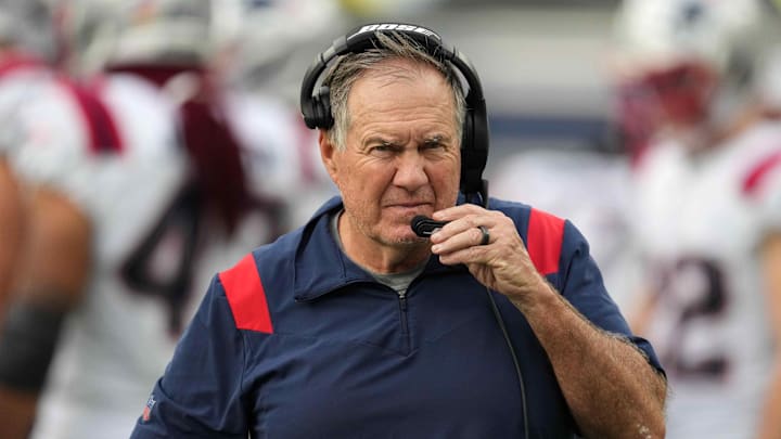 Oct 31, 2021; Inglewood, California, USA; New England Patriots head coach Bill Belichick watches from the sidelines against the Los Angeles Chargers in the second half at SoFi Stadium. The Patriots defeated the Chargers 27-24.