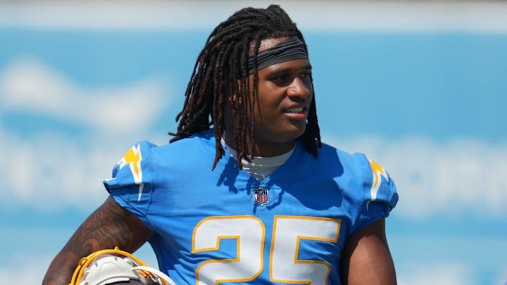 Jun 13, 2024; Costa Mesa, CA, USA; Los Angeles Chargers linebacker Junior Colson (25) during minicamp at the Hoag Performance Center. Mandatory Credit: Kirby Lee-Imagn Images