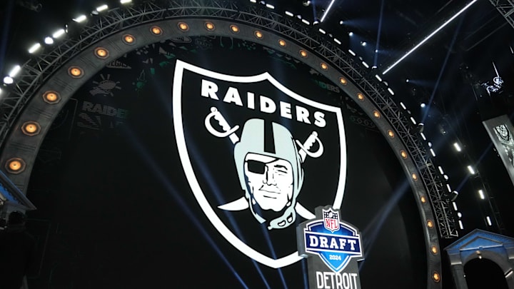 Apr 25, 2024; Detroit, MI, USA; A Las Vegas Raiders logo at the 2024 NFL Draft at Campus Martius Park and Hart Plaza. Mandatory Credit: Kirby Lee-Imagn Images Apr 25, 2024; Detroit, MI, USA; A Las Vegas Raiders logo at the 2024 NFL Draft at Campus Martius Park and Hart Plaza. Mandatory Credit: Kirby Lee-Imagn Images