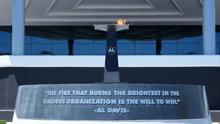 Jul 24, 2025; Henderson, NV, USA; The Al Davis memorial torch at the Las Vegas Raiders headquarters and practice facility at the Intermountain Healthcare Performance Center. Mandatory Credit: Kirby Lee-Imagn Images