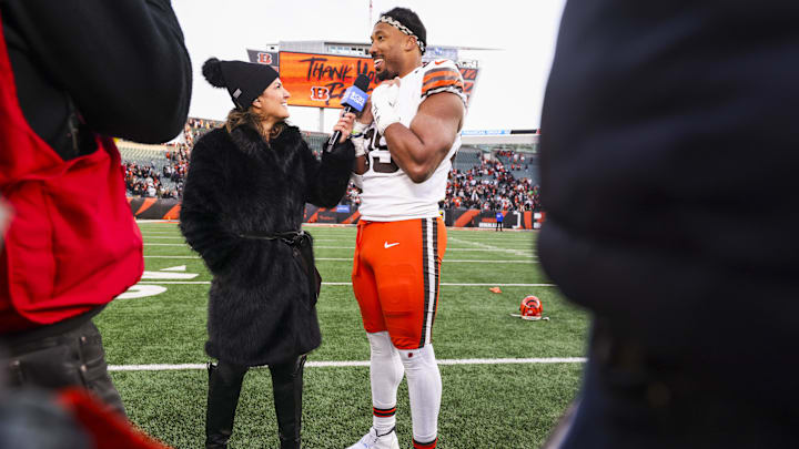 Jan 4, 2026; Cincinnati, Ohio, USA; Cleveland Browns defensive end Myles Garrett (95) participates in an interview following a victory against the Cincinnati Bengals at Paycor Stadium. Mandatory Credit: Joseph Maiorana-Imagn Images