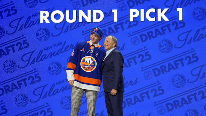 Jun 27, 2025; Los Angeles, California, USA; Matthew Schaefer is selected as the first overall pick to the New York Islanders in the first round of the 2025 NHL Draft at Peacock Theater. Mandatory Credit: Kirby Lee-Imagn Images