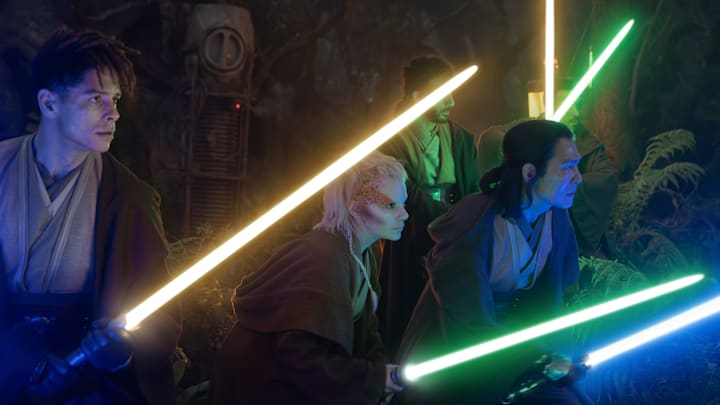 (L-R, front row): Yord Fandar (Charlie Barnett), Jedi Padawan Jecki Lon (Dafne Keen) and Master Sol (Lee Jung-jae) in Lucasfilm's THE ACOLYTE, exclusively on Disney+. ©2024 Lucasfilm Ltd. & TM. All Rights Reserved.