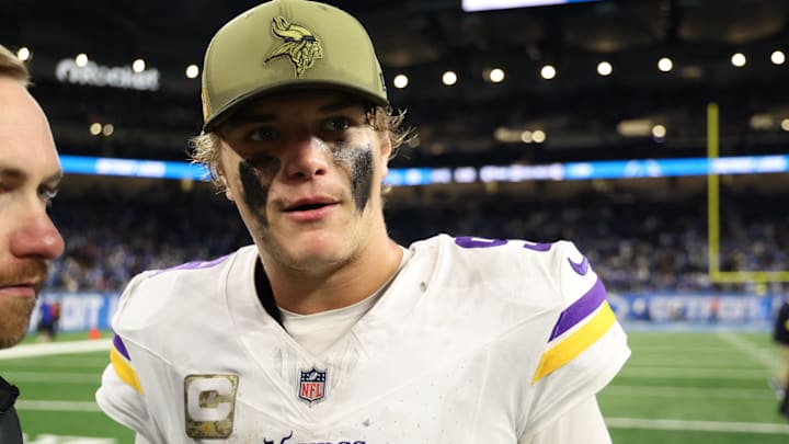 Nov 2, 2025; Detroit, Michigan, USA; Minnesota Vikings quarterback J.J. McCarthy (9) walks off the field after the game against the Detroit Lions at Ford Field. Mandatory Credit: David Reginek-Imagn Images
