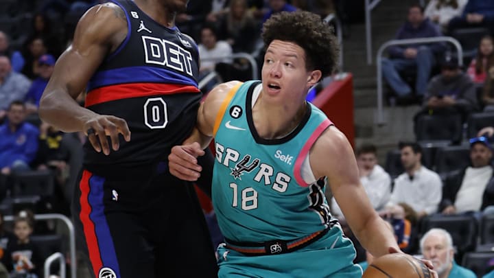 Feb 10, 2023; Detroit, Michigan, USA;  San Antonio Spurs forward Isaiah Roby (18) dribbles against Detroit Pistons center Jalen Duren (0) in the first half at Little Caesars Arena. Mandatory Credit: Rick Osentoski-Imagn Images