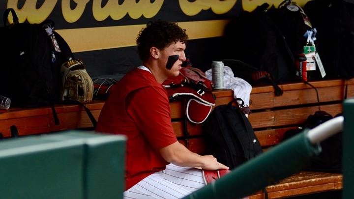 Oklahoma infielder Deiten Lachance sits in the dugout before Game 2 of the College World Series Finals against North Carolina. Oklahoma infielder Deiten Lachance sits in the dugout before Game 2 of the College World Series Finals against North Carolina.
