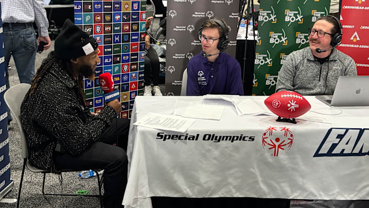 Aaron Jones, Wyatt Spalding and Cody Williams at Super Bowl LIX Radio Row