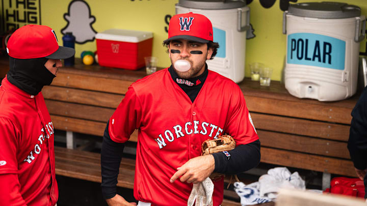 Marcelo Mayer blows a bubble with his gum in the WooSox dugout during a game on April 13, 2025 at Polar Park. Marcelo Mayer blows a bubble with his gum in the WooSox dugout during a game on April 13, 2025 at Polar Park.