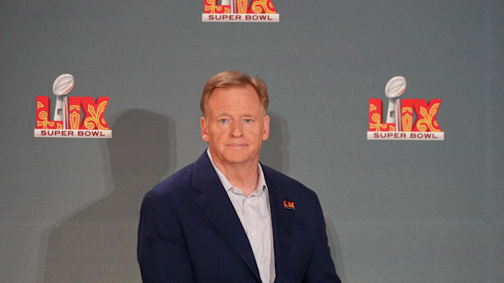 Feb 3, 2025; New Orleans, LA, USA; NFL commissioner Roger Goodell looks on during a press conference ahead of Super Bowl LIX at New Orleans Saints Locker Room. 