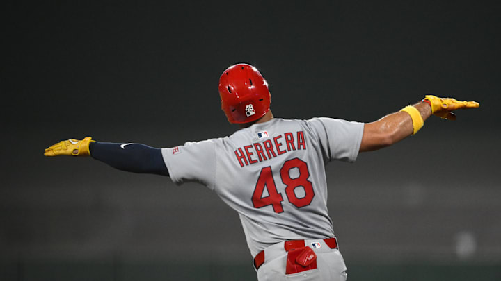 Sep 23, 2025; San Francisco, California, USA; St. Louis Cardinals designated hitter Ivan Herrera (48) celebrates a three-run home run against the San Francisco Giants during the seventh inning at Oracle Park. Mandatory Credit: Eakin Howard-Imagn Images Sep 23, 2025; San Francisco, California, USA; St. Louis Cardinals designated hitter Ivan Herrera (48) celebrates a three-run home run against the San Francisco Giants during the seventh inning at Oracle Park. Mandatory Credit: Eakin Howard-Imagn Images